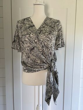 Worthington Black & White Paisley Side-Tie Wrap Blouse - NWT